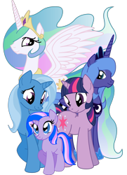 Size: 2378x3290 | Tagged: safe, artist:inkwell, character:princess celestia, character:princess luna, character:trixie, character:twilight sparkle, oc, oc:midnight, parent:princess luna, parent:trixie, parent:twilight sparkle, parents:luxie, parents:twiluna, parents:twixie, ship:luxie, ship:twiluna, ship:twixie, female, high res, lesbian, magical lesbian spawn, mama twilight, offspring, s1 luna, shipping, simple background, transparent background