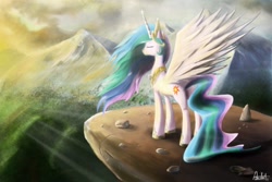 Size: 1920x1280 | Tagged: safe, artist:ajvl, character:princess celestia, species:alicorn, species:pony, g4, crepuscular rays, eyes closed, female, mare, mountain, mountain range, photoshop, scenery, solo, spread wings, wings