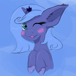 Size: 2698x2698 | Tagged: safe, artist:charrez, character:princess luna, blushing, cute, ear fluff, female, filly, solo, tongue out, wink, woona
