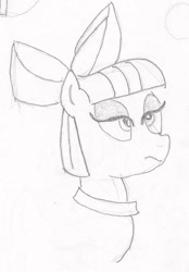 Size: 567x816 | Tagged: safe, artist:barryfrommars, character:maud pie, species:earth pony, species:pony, apple bloom's bow, bow, bust, female, frown, hair bow, lidded eyes, lineart, mare, monochrome, simple background, solo, traditional art, white background