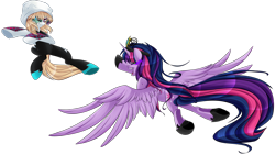 Size: 1190x672 | Tagged: safe, alternate version, artist:blackfreya, character:twilight sparkle, character:twilight sparkle (alicorn), species:alicorn, species:earth pony, species:pony, bodysuit, clothing, costume, crossover, fangs, female, fight, flying, flying kick, frown, glare, glowing eyes, gwen stacy, hood, hoof shoes, jewelry, mare, open mouth, ponified, simple background, smiling, smirk, sombra eyes, spider-gwen, spider-man, spiders and magic iv: the fall of spider-mane, spiders and magic: rise of spider-mane, spread wings, tiara, transparent background, twivine sparkle, underhoof, wing fluff, wings