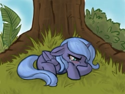 Size: 500x375 | Tagged: safe, artist:robd2003, character:princess luna, species:alicorn, species:pony, comic:moon-fall, crying, female, filly, prone, sad, solo, tree, woona, younger