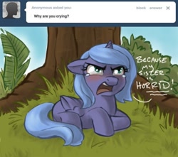 Size: 500x441 | Tagged: safe, artist:robd2003, character:princess luna, species:pony, comic:moon-fall, ask, crying, female, filly, grass, solo, tree, woona