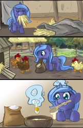 Size: 651x1005 | Tagged: safe, artist:robd2003, character:princess luna, species:chicken, comic:moon-fall, episode:slice of life, g4, my little pony: friendship is magic, animal, ask, comic, cooking, egg (food), food