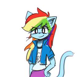 Size: 1280x1280 | Tagged: safe, artist:gmrqor, character:rainbow dash, species:anthro, my little pony:equestria girls, catgirl, catified, female, rainbow cat, simple background, solo, species swap, white background
