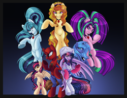Size: 2500x1943 | Tagged: safe, artist:blackfreya, character:adagio dazzle, character:aria blaze, character:princess luna, character:sonata dusk, character:twilight sparkle, character:twilight sparkle (alicorn), oc, oc:mayday parker sparkle, parent:peter parker, parent:twilight sparkle, parents:spidertwi, species:alicorn, species:pony, amethyst sorceress, crossover, crossover shipping, offspring, peter parker, spider-man, spiders and magic iv: the fall of spider-mane, spiders and magic: rise of spider-mane, spidertwi, the dazzlings