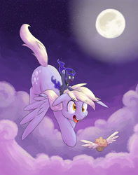 Size: 1687x2137 | Tagged: safe, artist:yeendip, character:derpy hooves, character:princess luna, species:alicorn, species:pegasus, species:pony, ship:lunaderp, episode:do princesses dream of magic sheep?, g4, cloud, cloudy, derpysaur, dream, dream walker luna, duo, eye clipping through hair, female, flying, full moon, giantess, lesbian, macro, mare, moon, muffin, night, open mouth, ponies riding ponies, raised hoof, shipping, smiling, three quarter view, winged muffin