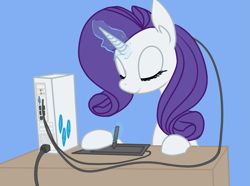 Size: 1111x827 | Tagged: safe, artist:fribox, character:rarity, species:pony, species:unicorn, computer, cyborg, eyes closed, female, glowing horn, magic, mare, simple background, smiling, telekinesis, wires