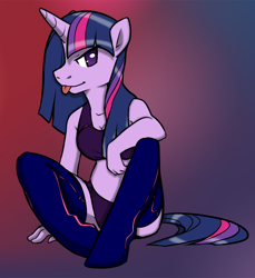 Size: 1172x1280 | Tagged: safe, artist:flyingbrickanimation, artist:kilo, edit, character:twilight sparkle, species:anthro, species:pony, species:unguligrade anthro, species:unicorn, bra, clothing, colored, crop top bra, female, gradient background, midriff, panties, purple underwear, solo, stockings, tongue out, underwear