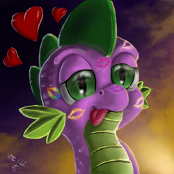 Size: 2700x2700 | Tagged: safe, artist:vittorionobile, character:spike, blep, cute, female, harem, implied applespike, implied flutterspike, implied pinkiespike, implied rainbowspike, implied shipping, implied sparity, implied straight, implied twispike, kiss mark, male, shipping, solo, spike gets all the mares, spikelove, straight, tongue out