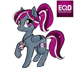 Size: 900x900 | Tagged: safe, artist:puffpink, oc, oc only, oc:spotlight splash, species:pegasus, species:pony, equestria daily, concept art, equestria daily mascots, freckles, mascot, ponytail, press badge, solo