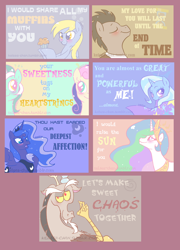 Size: 900x1250 | Tagged: safe, artist:kelsea-chan, character:bon bon, character:discord, character:doctor whooves, character:lyra heartstrings, character:princess celestia, character:princess luna, character:sweetie drops, character:time turner, character:trixie, card, valentine, valentine's day card