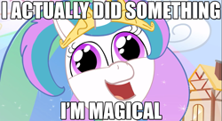 Size: 1279x697 | Tagged: safe, artist:piemations, edit, screencap, character:princess celestia, species:alicorn, species:pony, adorkable, caption, cloud, crown, cute, derp, dork, female, friendship is violence, funny, i'm magical, image macro, impact font, jewelry, meme, my little prick, open mouth, ponyville, regalia, shiny eyes, smiling, solo, text, youtube