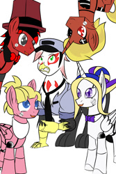 Size: 800x1200 | Tagged: safe, artist:fourze-pony, oc, oc:firebrand, oc:manga kamen, oc:pristine, oc:sweetie bloom, oc:toonkriticy2k, species:griffon, species:pegasus, species:pony, species:unicorn, animatronic, clothing, crossover, eyepatch, five nights at freddy's, frown, gritted teeth, josh scorcher, music, musical, necktie, open mouth, parody, red and black oc, robot, robot pony, scared, simple background, smiling, upside down, white background, wide eyes