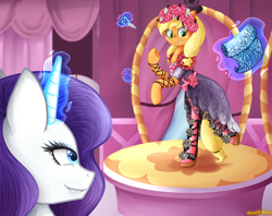 Size: 2500x1976 | Tagged: safe, artist:mailner, character:applejack, character:rarity, species:pony, bipedal, carousel boutique, cedar wood, clothing, crossover, dress, ever after high, fabric, flower, levitation, lip bite, magic, needle, scissors, underhoof