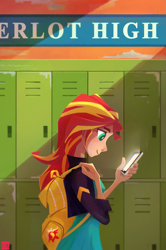 Size: 1155x1735 | Tagged: safe, artist:ajvl, character:sunset shimmer, my little pony:equestria girls, backpack, cellphone, female, human coloration, lockers, phone, solo
