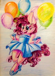 Size: 2352x3246 | Tagged: safe, artist:theorderofalisikus, character:pinkie pie, species:pony, balloon, bipedal, clothing, dress, ear fluff, female, solo, traditional art