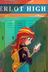 Size: 1155x1735 | Tagged: safe, alternate version, artist:ajvl, character:sunset shimmer, my little pony:equestria girls, backpack, cellphone, female, human coloration, lockers, phone, solo