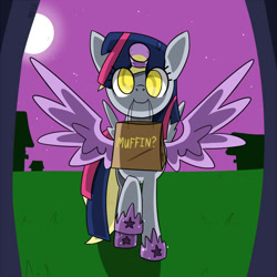 Size: 800x800 | Tagged: safe, artist:sonikku001, character:derpy hooves, species:pegasus, species:pony, episode:scare master, g4, my little pony: friendship is magic, alicorn costume, clothing, costume, fake horn, fake wings, female, mare, nightmare night, nightmare night costume, raised hoof, solo, toilet paper roll, toilet paper roll horn, twilight muffins, wig