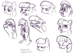 Size: 1008x730 | Tagged: safe, artist:sibsy, character:twilight sparkle, leak, angry, concept art, crying, disgusted, expressions, eyes closed, floppy ears, frown, glare, gritted teeth, grumpy, monochrome, open mouth, sad, scared, screaming, sweat, tongue out, yelling