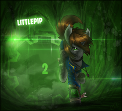 Size: 1732x1575 | Tagged: safe, artist:theomegaridley, oc, oc only, oc:littlepip, species:pony, species:unicorn, fallout equestria, clothing, fanfic, fanfic art, female, gun, handgun, hooves, horn, little macintosh, mare, optical sight, pipbuck, revolver, saddle bag, solo, stable, stable 2, stable door, vault suit, weapon