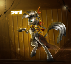 Size: 1732x1575 | Tagged: safe, artist:theomegaridley, oc, oc only, oc:xenith, species:pony, species:zebra, fallout equestria, earring, fanfic, fanfic art, female, mare, necklace, piercing, ring, solo