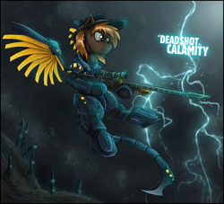 Size: 1732x1575 | Tagged: safe, artist:theomegaridley, oc, oc only, oc:calamity, species:pegasus, species:pony, fallout equestria, anti-machine rifle, anti-materiel rifle, armor, clothing, dashite, enclave armor, fanfic, fanfic art, flying, gun, hat, hooves, lightning, male, optical sight, power armor, rifle, sniper rifle, solo, spitfire's thunder, spread wings, stallion, text, weapon, wings
