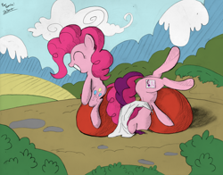 Size: 1280x1002 | Tagged: safe, artist:jailbait, character:pinkie pie, oc, oc:marker pony, /co/, 4chan, ball, bouncy ball, faceplant, riding, space hopper