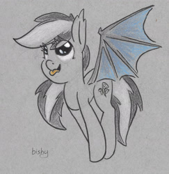 Size: 3000x3084 | Tagged: safe, artist:flowbish, oc, oc only, oc:daturea eventide, species:bat pony, species:pony, jumping, solo, tongue out, traditional art