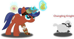 Size: 5580x3000 | Tagged: safe, artist:ruinedomega, oc, oc only, oc:mana biscuit, species:pony, species:sheep, species:unicorn, ponyscape, :t, female, fire, fireball, frown, glare, glowing horn, goggles, mage, magic, mare, polymorph, prosthetic limb, simple background, smirk, standing, transparent background, vector, warcraft, wide eyes, world of warcraft