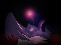 Size: 1931x1443 | Tagged: safe, artist:starblaze25, character:twilight sparkle, character:twilight sparkle (alicorn), species:alicorn, species:pony, book, female, glowing horn, mare, sleepy, solo, studying, tired, wing hands