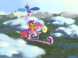 Size: 1680x1260 | Tagged: safe, artist:cannibalus, character:pinkie pie, character:scootaloo, species:pegasus, species:pony, flying, flying contraption, pedalcopter, pinkiecopter, riding, scootalove, vertigo