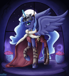 Size: 2300x2530 | Tagged: safe, artist:mailner, character:princess luna, cape, clothing, crossover, ever after high, fangs, female, magic, moon, raised hoof, solo, spread wings, wings