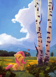 Size: 1063x1464 | Tagged: safe, artist:ajvl, character:fluttershy, species:pegasus, species:pony, birch, butterfly, cloud, cute, eyes closed, female, field, forest, grass, mare, meadow, rearing, scenery, sky, smiling, solo, tree
