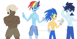 Size: 1024x522 | Tagged: safe, artist:urhangrzerg, character:dumbbell, character:rainbow dash, character:soarin', character:sonic the hedgehog, my little pony:equestria girls, bare chest, clothing, crossover, equestria girls-ified, rainbow blitz, rule 63, simple background, sonic the hedgehog (series), topless, transparent background