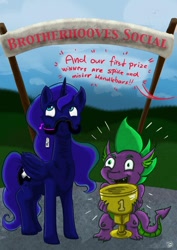Size: 1024x1448 | Tagged: safe, artist:dinodraketakethecake, character:princess luna, character:spike, episode:brotherhooves social, g4, my little pony: friendship is magic, dialogue, moustache, price tag, speech bubble, trophy, whistling