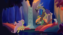Size: 1920x1080 | Tagged: safe, artist:lionheartcartoon, character:discord, character:fluttershy, fantasia, flying, grapes, mouth hold, pastoral symphony, scenery, unshorn fetlocks, waterfall