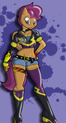 Size: 486x902 | Tagged: safe, artist:theburningdonut, character:scootaloo, species:anthro, species:pegasus, species:pony, badass, belly button, belt, boots, choker, clothing, female, latex, leather jacket, midriff, older, shorts, simple background, solo, tube top