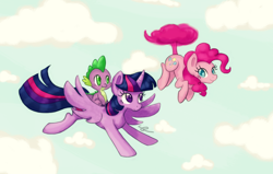Size: 1178x750 | Tagged: safe, artist:chiuuchiuu, character:pinkie pie, character:spike, character:twilight sparkle, character:twilight sparkle (alicorn), species:alicorn, species:dragon, species:pony, dragons riding ponies, female, flying, mare, pinkie being pinkie, pinkie physics, pinkiecopter, tailcopter