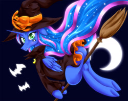Size: 1429x1133 | Tagged: safe, artist:nipa, character:princess luna, species:bat, broom, clothing, crescent moon, fangs, female, floppy ears, flying, flying broomstick, hat, jack-o-lantern, looking at you, moon, night, pixiv, plot, pumpkin, solo, underhoof, witch, witch hat