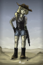 Size: 1024x1561 | Tagged: safe, artist:slawomiro, character:applejack, species:human, fallout equestria, badass, belt, boots, clothing, fingerless gloves, freckles, gloves, gun, hat, humanized, shorts, signature, wasteland, weapon