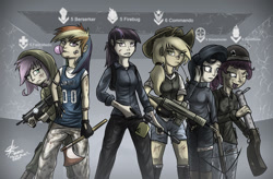 Size: 1600x1051 | Tagged: safe, artist:slawomiro, character:applejack, character:fluttershy, character:pinkie pie, character:rainbow dash, character:rarity, character:twilight sparkle, species:human, axe, backpack, berserker, blood, boots, bubblegum, clothing, commando, cowboy hat, cowgirl, crossbow, crossover, denim shorts, determined, fingerless gloves, firebug, flamethrower, fn scar, gloves, grenade launcher, group, gun, hand on hip, hat, helmet, hoodie, human coloration, humanized, jeans, jersey, jumper, killing floor, m79, mane six, medic, multicolored hair, no trigger discipline, pants, party cannon, pink eyes, pink hair, plaster, rainbow hair, serious, sharpshooter, shirt, shoes, shorts, socks, submachinegun, tank top, timid, tongue out, too dumb to live, weapon