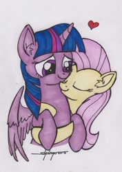 Size: 638x900 | Tagged: safe, artist:shikogo, character:fluttershy, character:twilight sparkle, character:twilight sparkle (alicorn), species:alicorn, species:pony, inktober, ship:twishy, cuddling, cute, ear fluff, female, heart, lesbian, mare, shipping, snuggling, traditional art