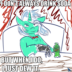 Size: 1000x1000 | Tagged: safe, artist:mabu, character:lyra heartstrings, 30 minute art challenge, dank, gloves, hand, just do it, meme, mountain dew, pun, shia labeouf, silly, soda, that pony sure does love hands, the most interesting man in the world