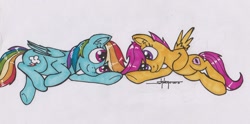 Size: 1024x509 | Tagged: safe, artist:shikogo, character:rainbow dash, character:scootaloo, species:pegasus, species:pony, duo, female, looking at each other, lying down, on side, scootalove, smiling, spread wings, traditional art, wings