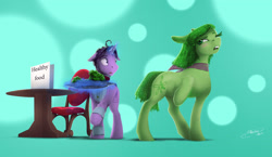 Size: 2406x1400 | Tagged: safe, artist:mechagen, species:earth pony, species:pony, species:unicorn, broccoli, disgust (inside out), duo, fear (inside out), food, inside out, magic, pixar, ponified