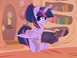 Size: 1122x850 | Tagged: dead source, safe, artist:spaerk, character:twilight sparkle, character:twilight sparkle (alicorn), species:alicorn, species:pony, alternate hairstyle, book, cute, female, flying, grin, levitation, looking at you, magic, mare, ponytail, smiling, solo, spread wings, telekinesis, twiabetes, wings