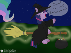Size: 4500x3375 | Tagged: safe, artist:bri-sta, artist:wodahseht, character:princess celestia, character:twilight sparkle, broom, candy, cauldron, clothing, costume, cute, dialogue, filly, filly twilight sparkle, flying, flying broomstick, halloween, hat, levitation, magic, night, nightmare night, offscreen character, open mouth, smiling, spider, stars, telekinesis, trick or treat, twiabetes, witch, witch hat
