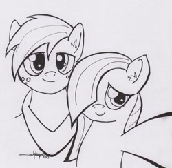 Size: 900x878 | Tagged: safe, artist:shikogo, character:big mcintosh, character:marble pie, species:earth pony, species:pony, ship:marblemac, episode:hearthbreakers, g4, my little pony: friendship is magic, male, monochrome, selfie, shipping, stallion, straight, traditional art