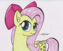 Size: 900x725 | Tagged: safe, artist:shikogo, character:fluttershy, bow, female, hair bow, smiling, solo, traditional art